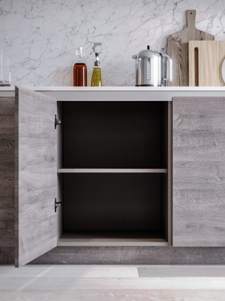 The Kitchen Depot's Linea base unit kitchen cabinet, showing the kitchen door opened and the inside of the cabinet with one shelf