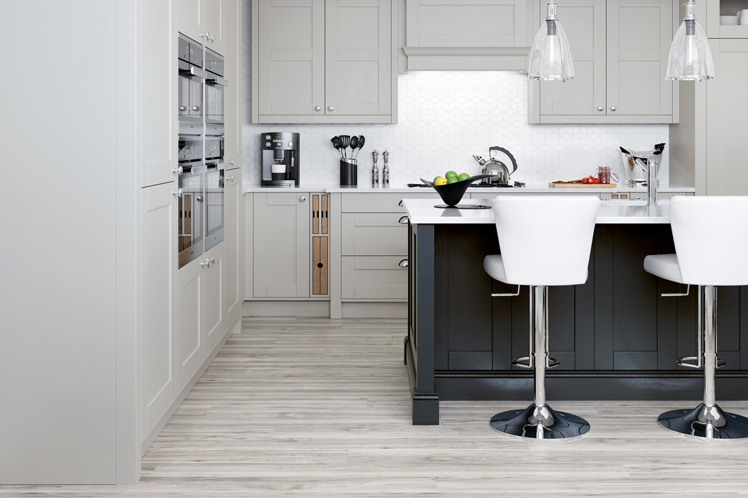 Angle of Cashmere Madison shaker kitchen with Graphite Grey island and white modern seating, made by The Kitchen Depot