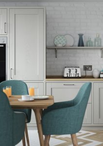 Madison Light Grey and Dust Grey shaker kitchen with table and chairs from The Kitchen Depot