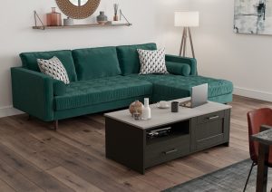 Kendal Graphite Grey living room image with green couch, made by The Kitchen Depot