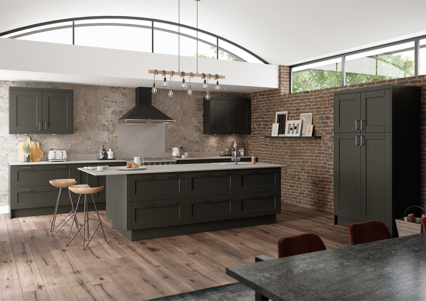 Angle of Kendal Graphite Grey shaker kitchen with tall cabinet, made by The Kitchen Depot