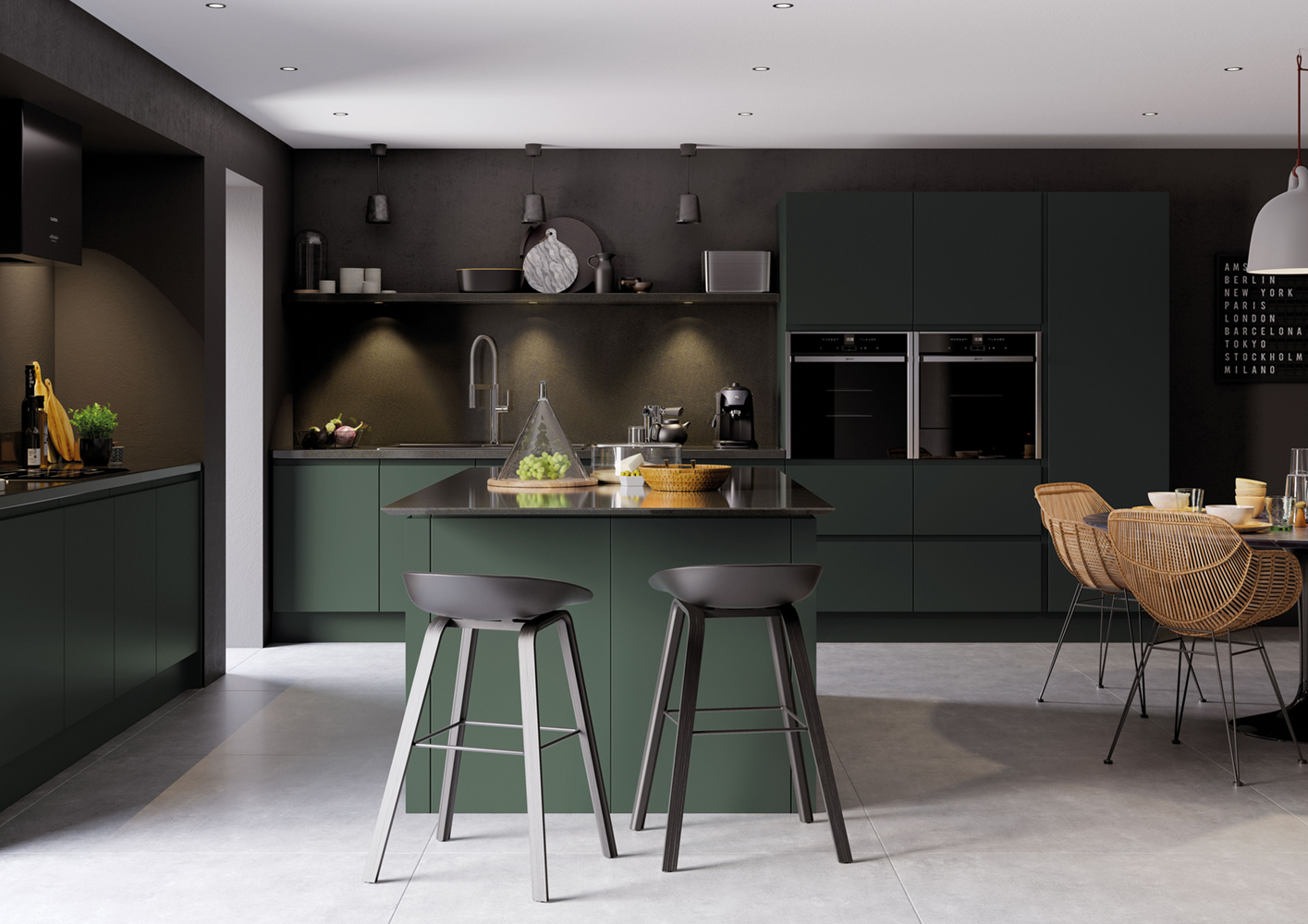 Sienna Matte j handle door kitchen in Deep Forest Green. Dark Colour palette