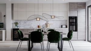 The Kitchen Depot's LINEA kitchen range in matte light grey and white river oak decors.Displayed in a beautiful kitchen design with deep forrest chairs.