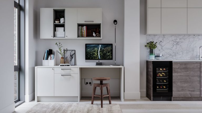 Linea Light grey home office with computer and books