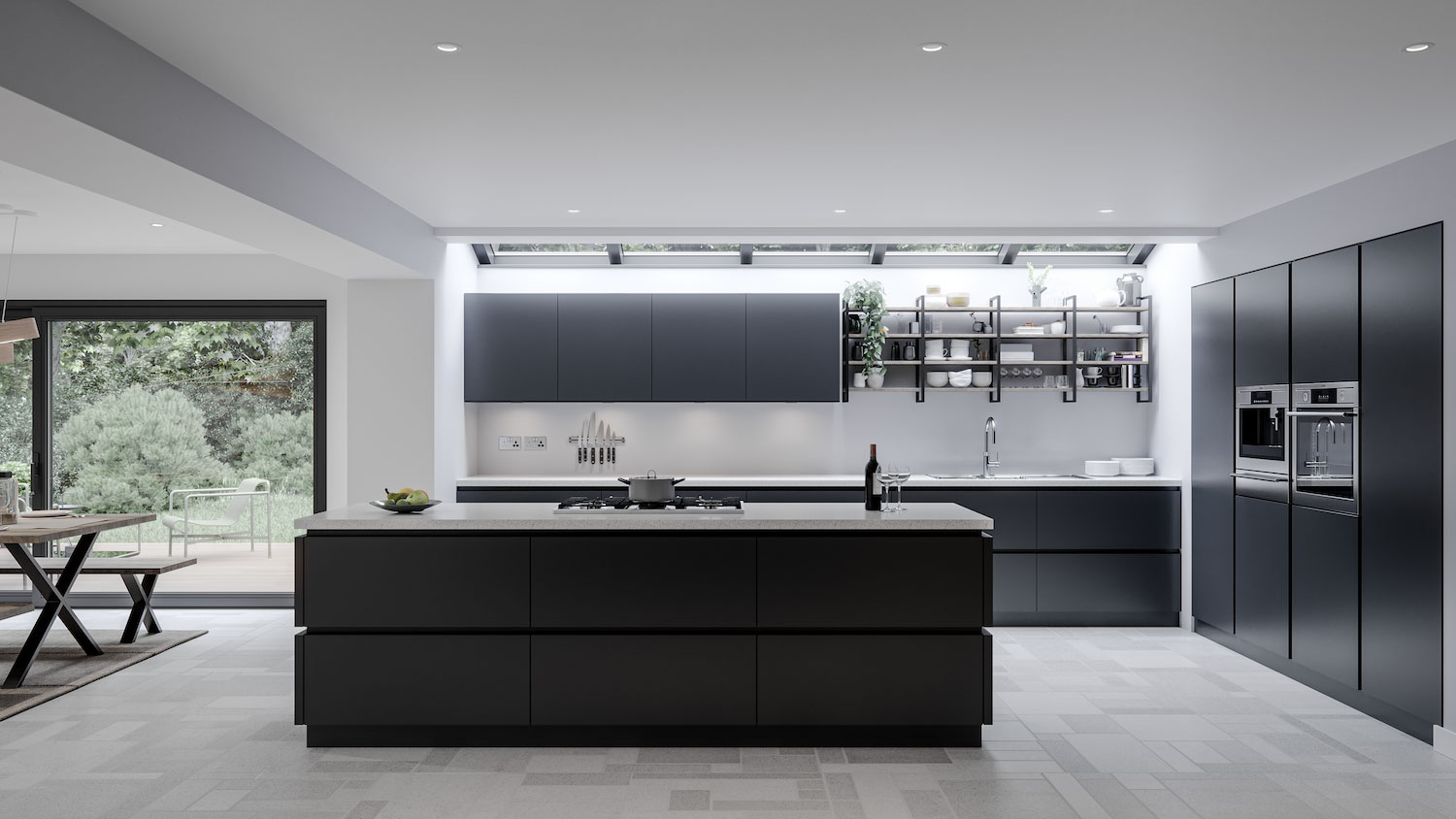 Matte Graphite Grey LINEA Kitchen with a white chromix Island, is shown here in this Contemporary & Modern design. Stainless steel appliances, keep the lines clean and sleek. The full design is handleless and super modern. YouK metal open shelving adds an industrial feel to this design by The Kitchen Depot. Dark colour pallettes