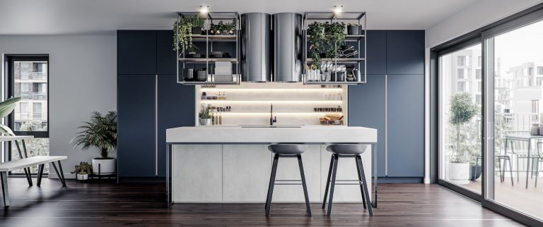 Indigo and White Chromix Kitchen with Island Linea Contemporary Modern Design