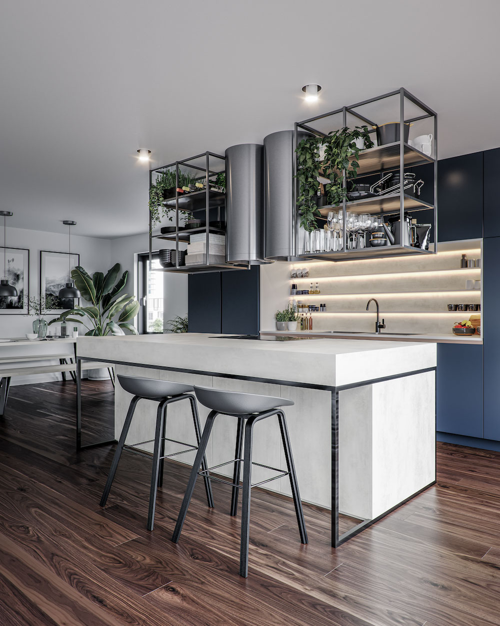 Matte Indigo Blue LINEA doors are paired with White Chromix splash back & kitchen island. So beautiful, so blue - a real showstopper! The floors are wooden and YouK metal framed shelves live above the island, with potted plants. The splash back and shelving in white chromix decor, has under shelving lighting. This range was designed by The Kitchen Depot, the full range is manufactued exclusively by The Kitchen Depot.