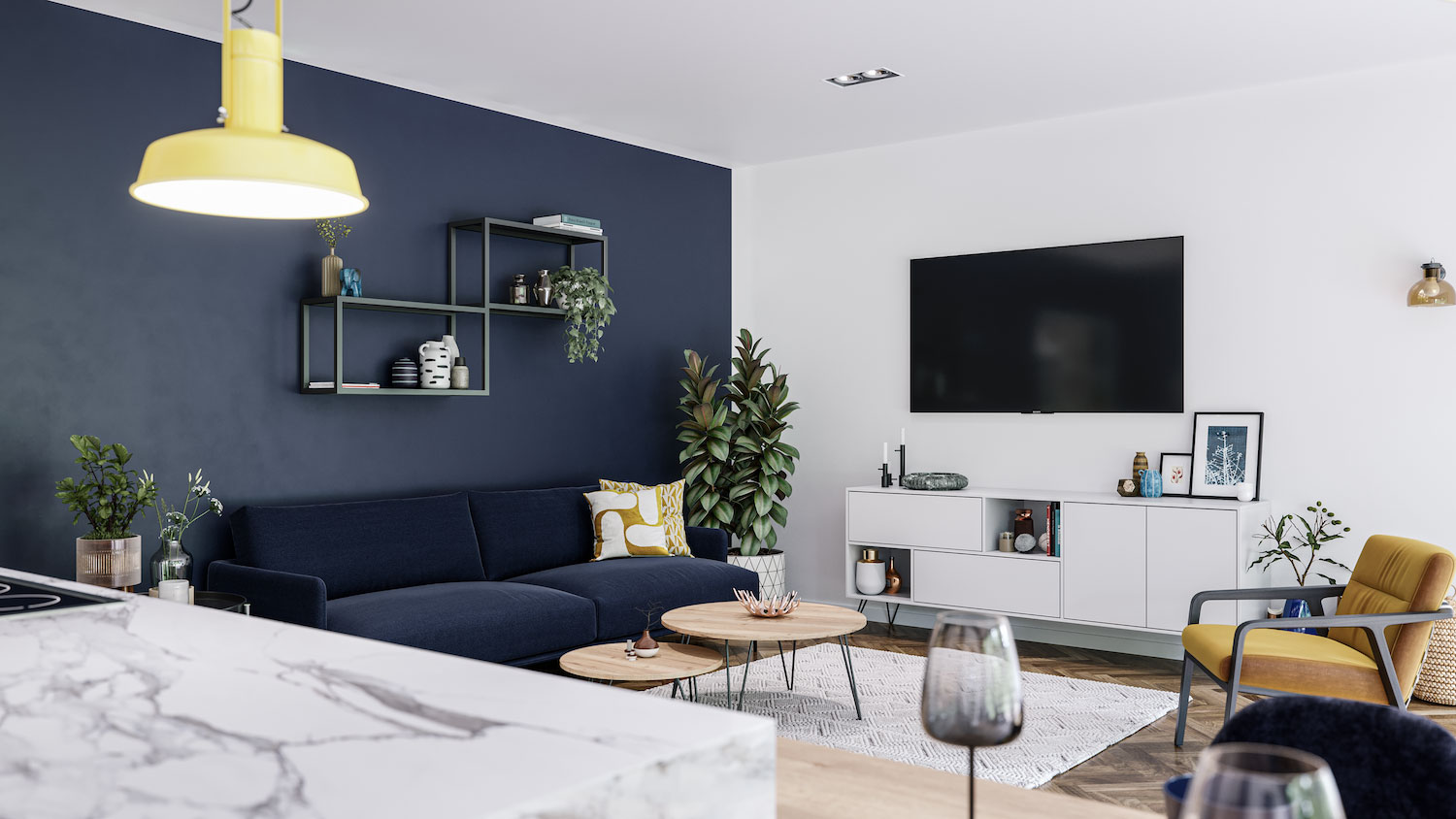 Linea Living Room with Table, Couch, TV and Shelving