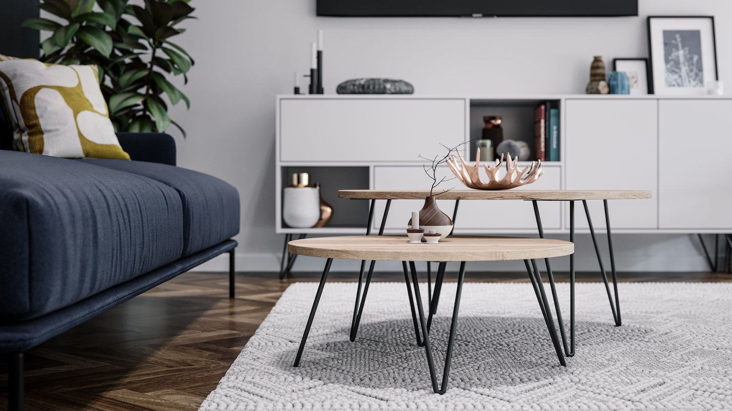 Linea Coffee Table beside a blue couch