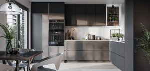 Our LINEA Matte Black Handleless Kitchen is bold and contemporary. Matte Black doors just ooze sophistication. The Kitchen has bespoke open shelving , double oven in black & silver. The Kitchen is handleless with silver rails and designed by the Kitchen Depot.
