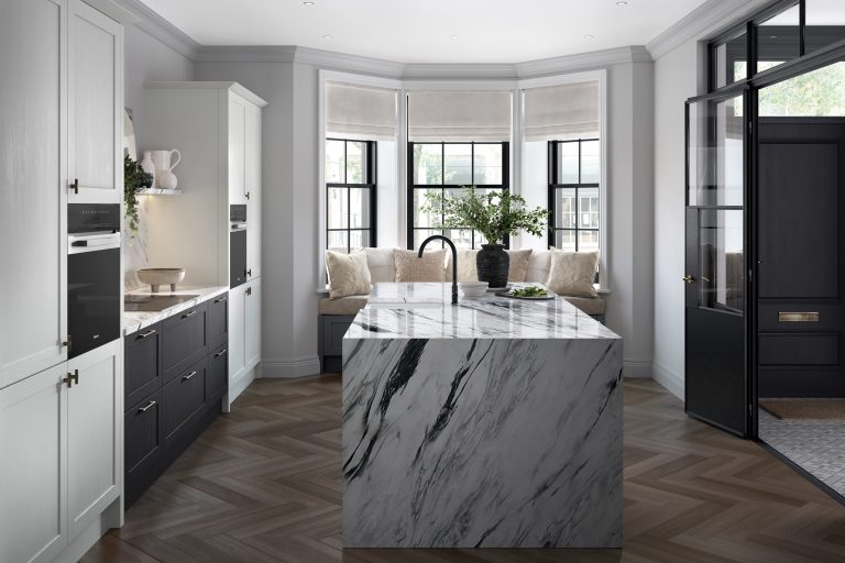Alana Graphite & Light Grey shaker kitchen made by The Kitchen Depot featuring marble kitchen island and two tone design