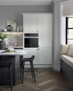 Alana Graphite & Light Grey shaker kitchen made by The Kitchen Depot, tall cabinets with integrated oven