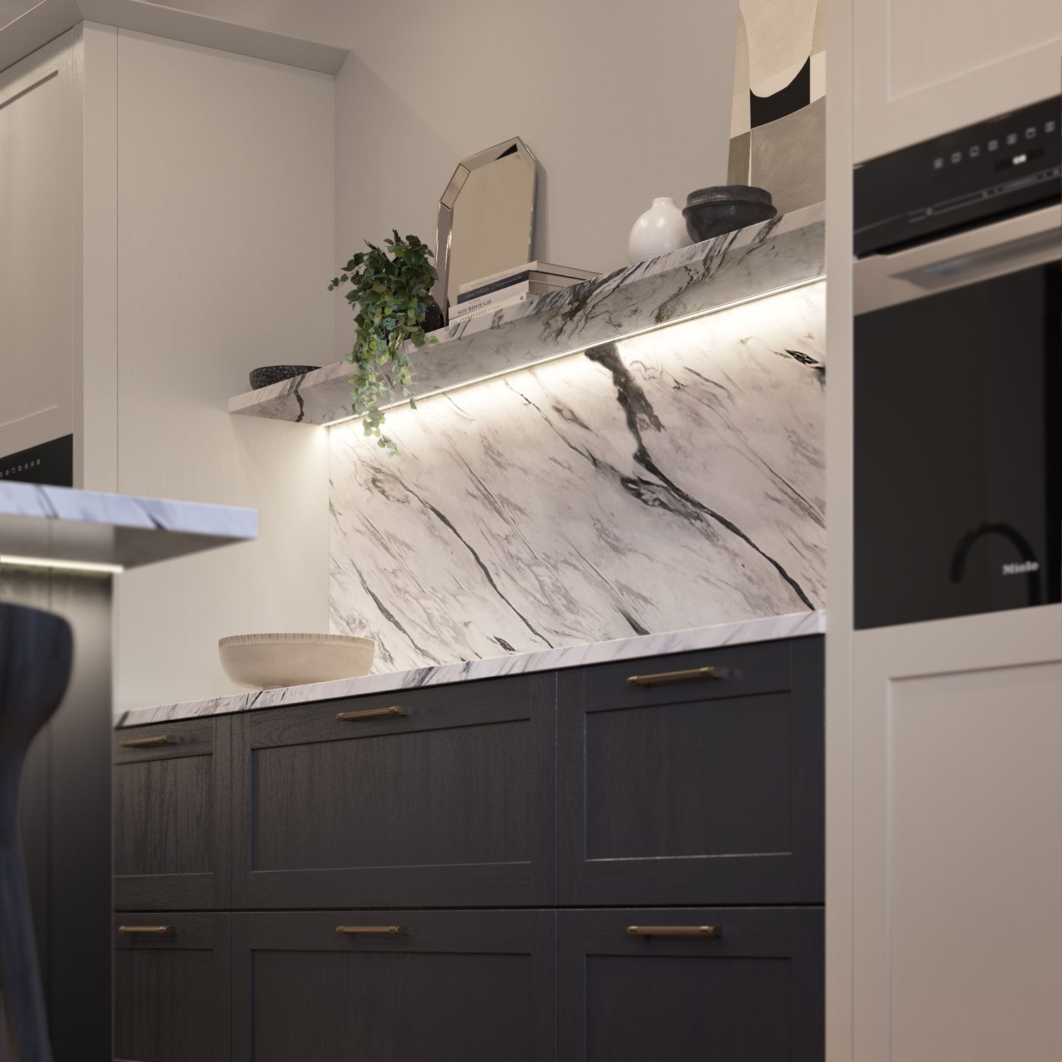 Alana Graphite & Light Grey shaker kitchen made by The Kitchen Depot with under shelf lighting