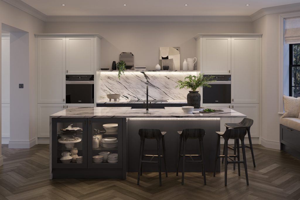 Alana Graphite & Light Grey shaker kitchen made by The Kitchen Depot dimly lit to showcasing lighting