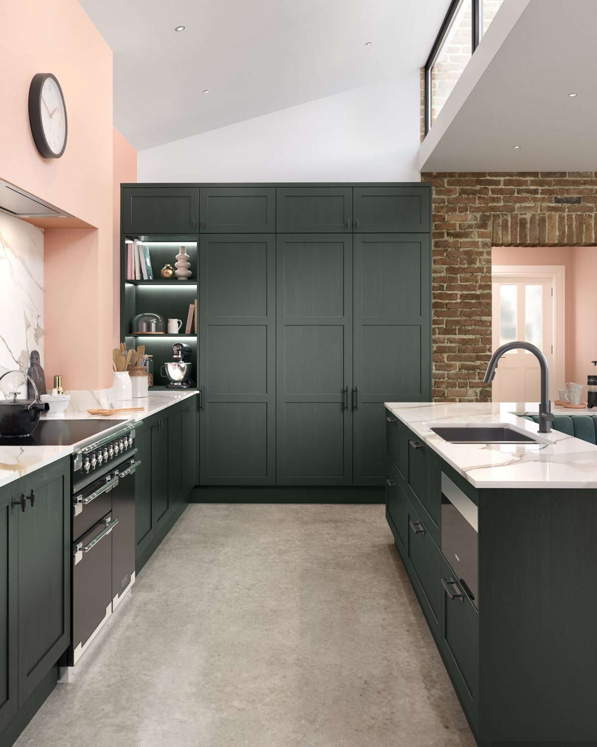 Alana Heritage Green shaker kitchen by The Kitchen Depot with white worktops above oven and pink walls.