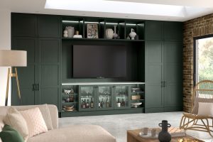 Alana Heritage Green shaker doors displayed in living area.