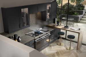 Darwin Graphite Grey shaker kitchen made by The Kitchen Depot top view featuring breakfast bar and oven