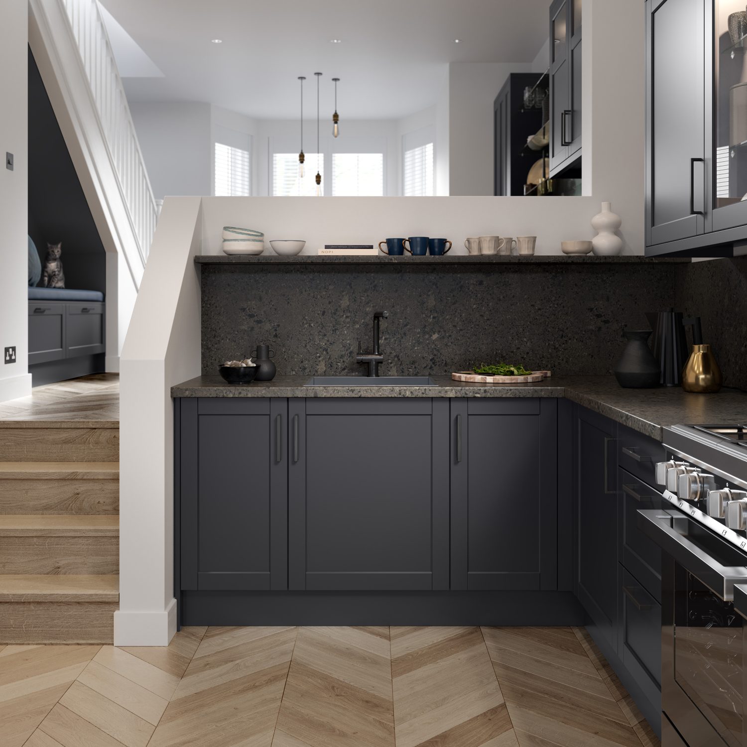 Darwin Graphite Grey shaker kitchen made by The Kitchen Depot showcasing V-Groove shaker doors