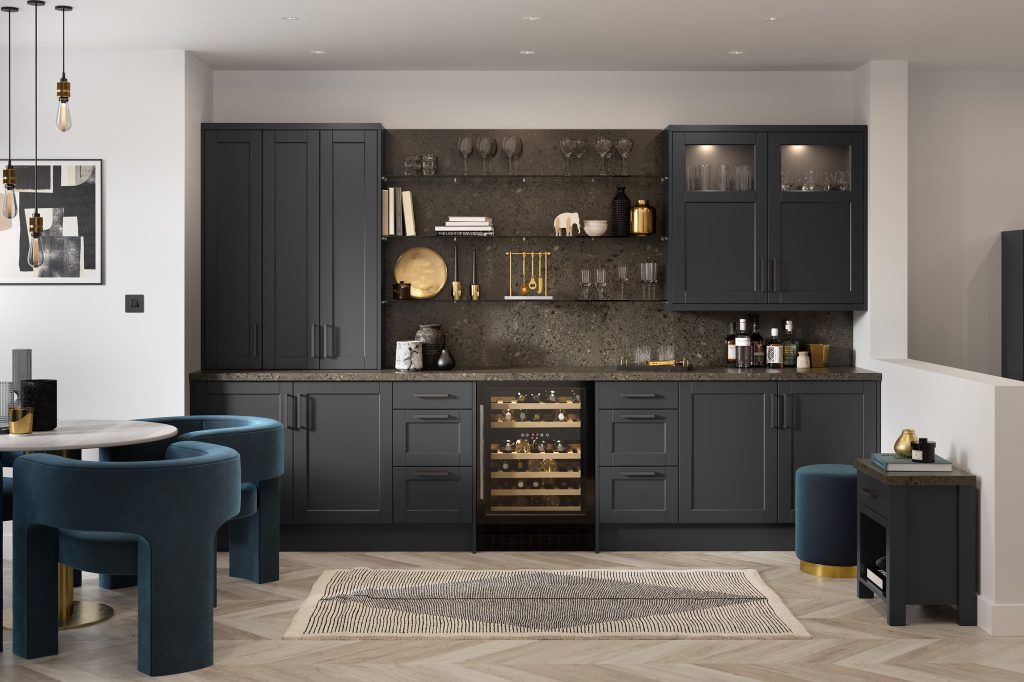 Darwin Graphite Grey shaker kitchen made by The Kitchen Depot showcasing seating area and integrated wine fridge