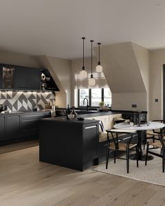 Hartford handleless graphite grey shaker kitchen made by The Kitchen Depot featuring island and dining table