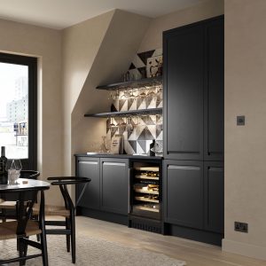 Hartford handleless graphite grey shaker kitchen made by The Kitchen Depot cabinets with wine fridge