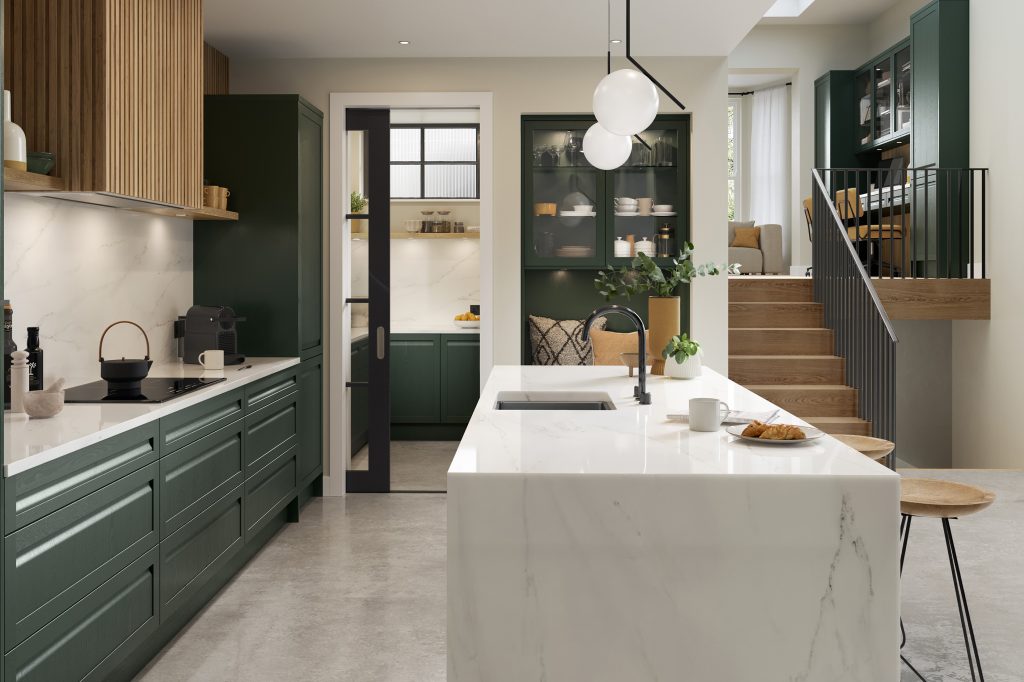 Hartford handleless Heritage Green shaker door by the The Kitchen Depot featuring a modern white island