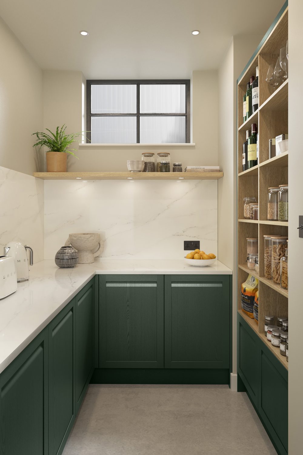 Hartford handleless Heritage Green shaker door by the The Kitchen Depot in utility room