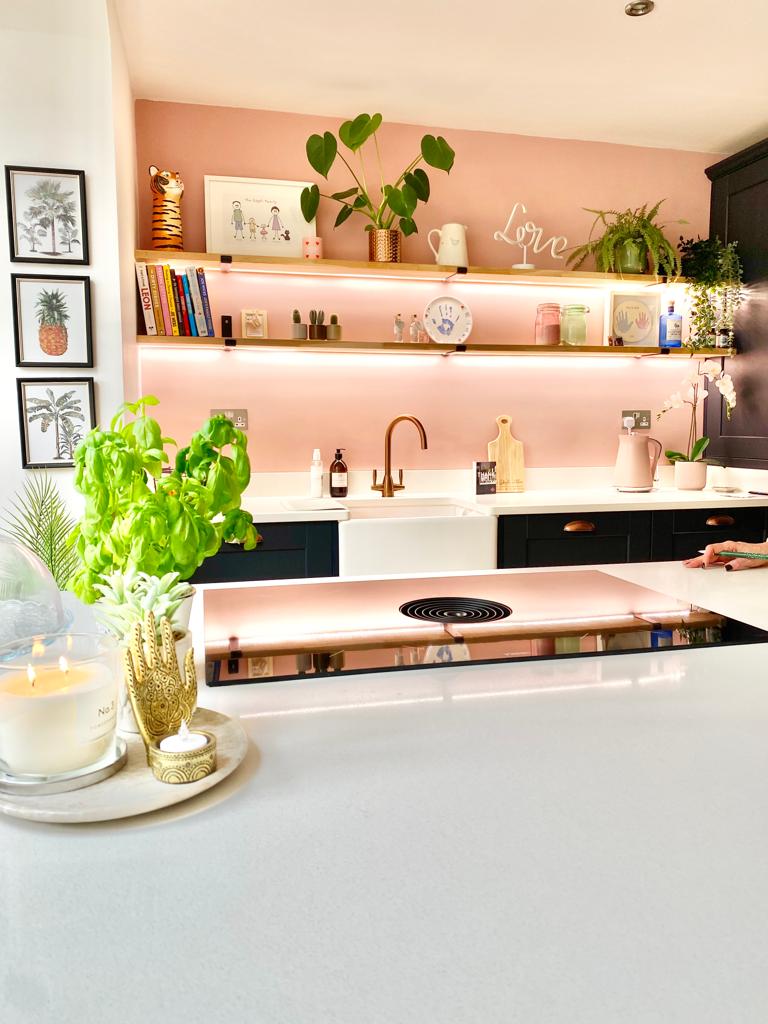 Belfast sink in Kendal indigo shaker kitchen with pink walls