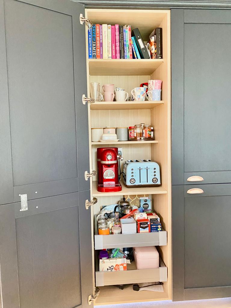 Open larder unit in The Kitchen Depot Indigo shaker kitchen