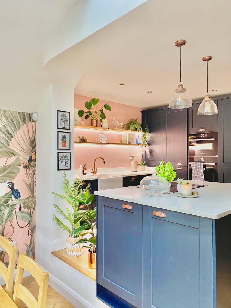 Kendal Indigo shaker style kitchen with pink walls designed by The Kitchen Depot