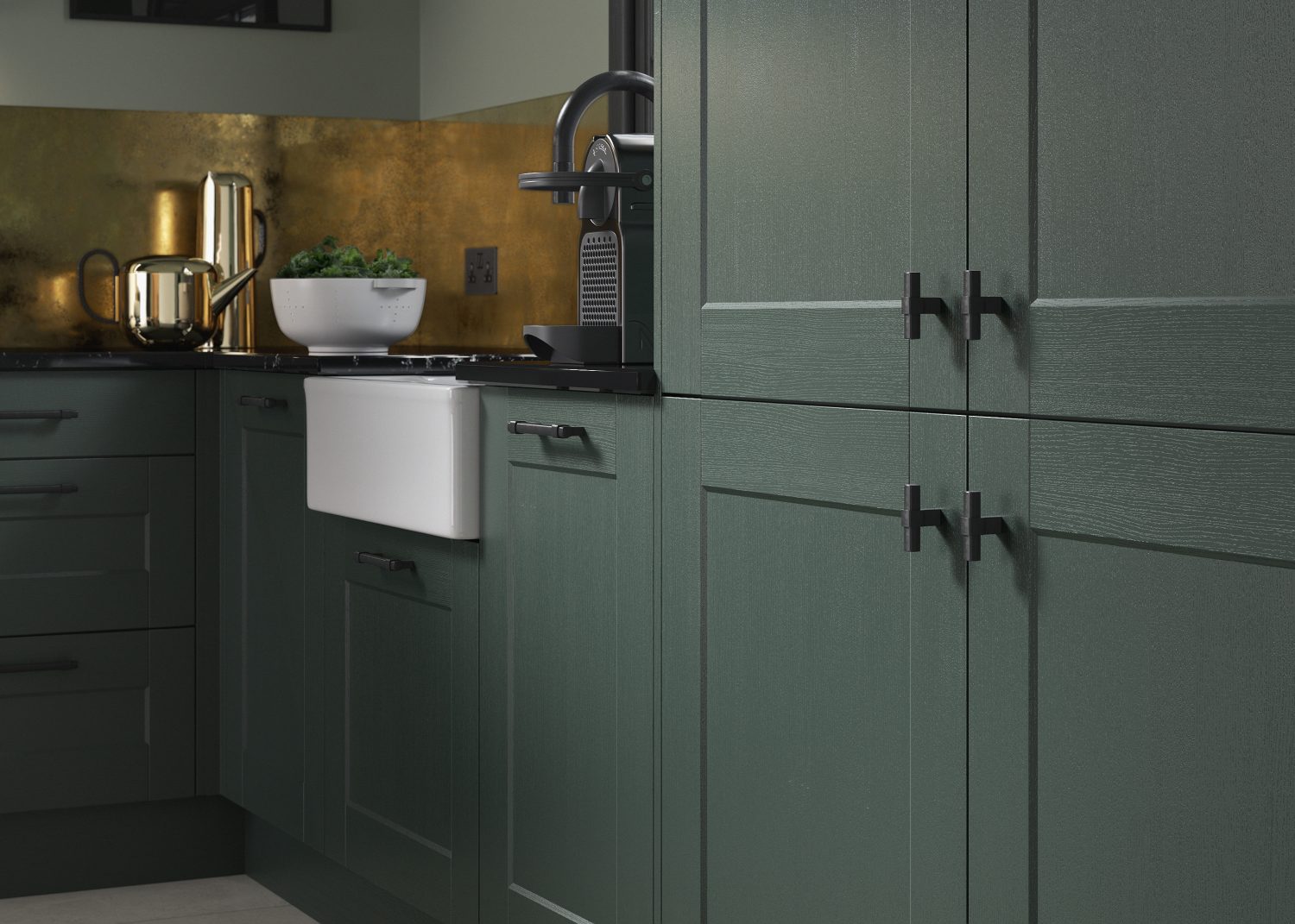 Kendal shaker Heritage Green kitchen made by The Kitchen Depot showcasing cabinets and belfast sink