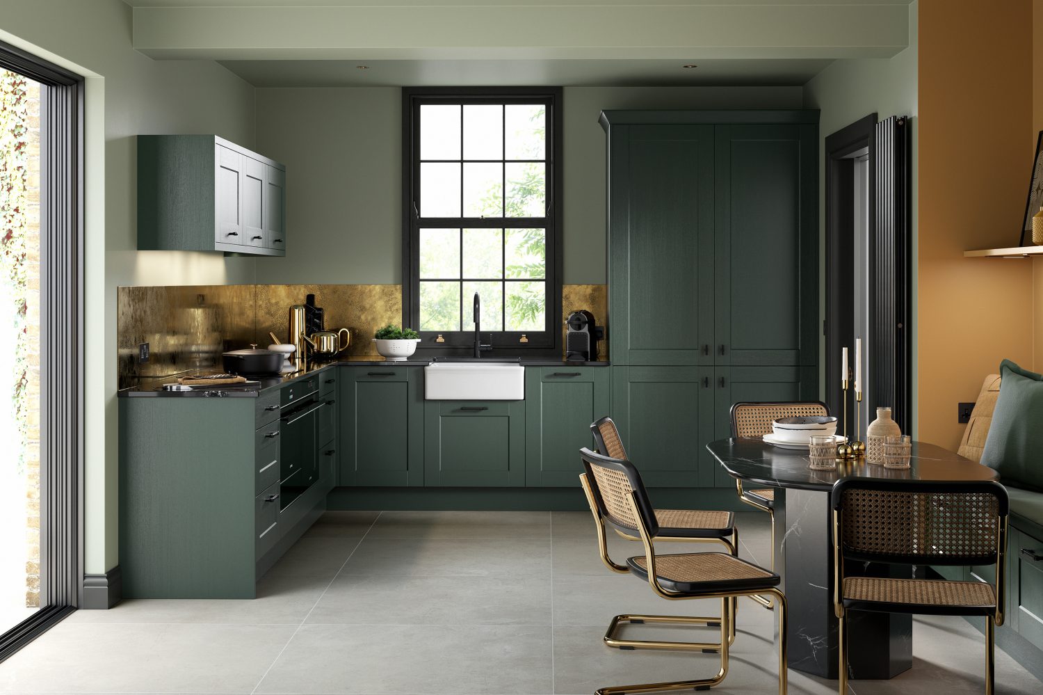 Kendal shaker Heritage Green kitchen made by The Kitchen Depot with dining area