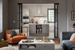 Kendal Light Grey shaker kitchen by The Kitchen Depot with living area