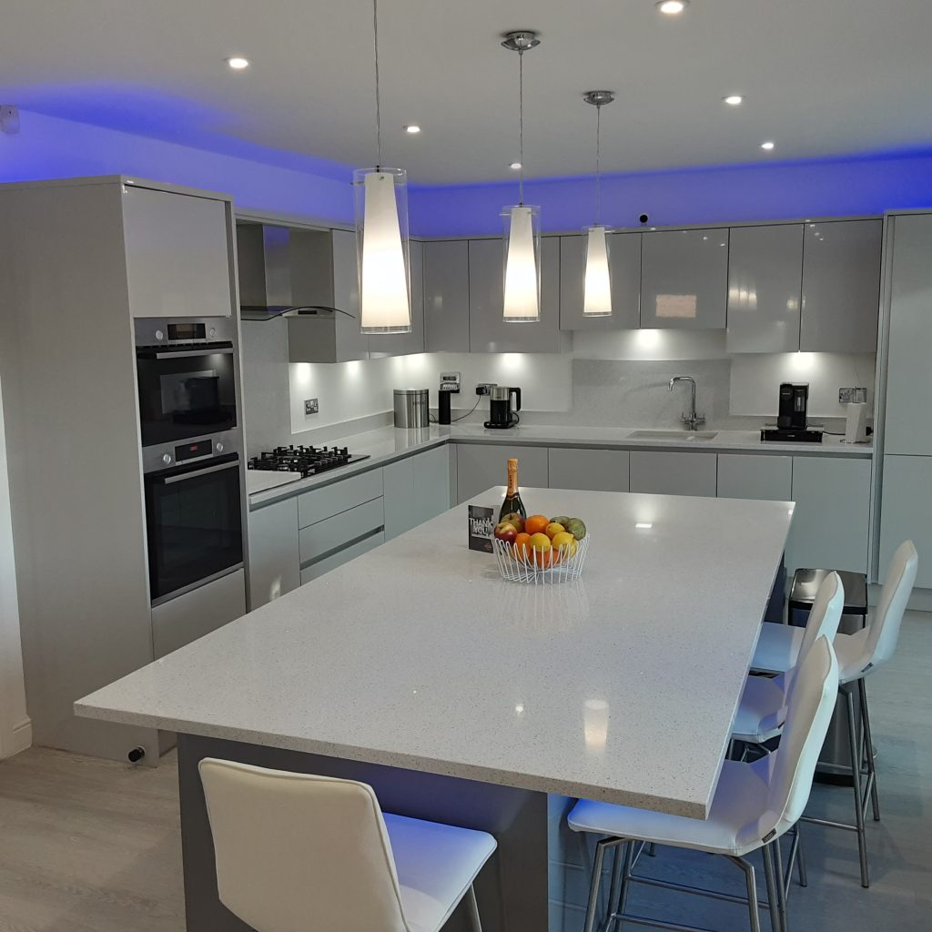 Handleless Light and Dust Grey Zara Gloss kitchen made by The Kitchen Depot 3