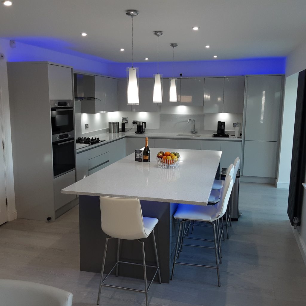 Handleless Light and Dust Grey Zara Gloss kitchen made by The Kitchen Depot 1