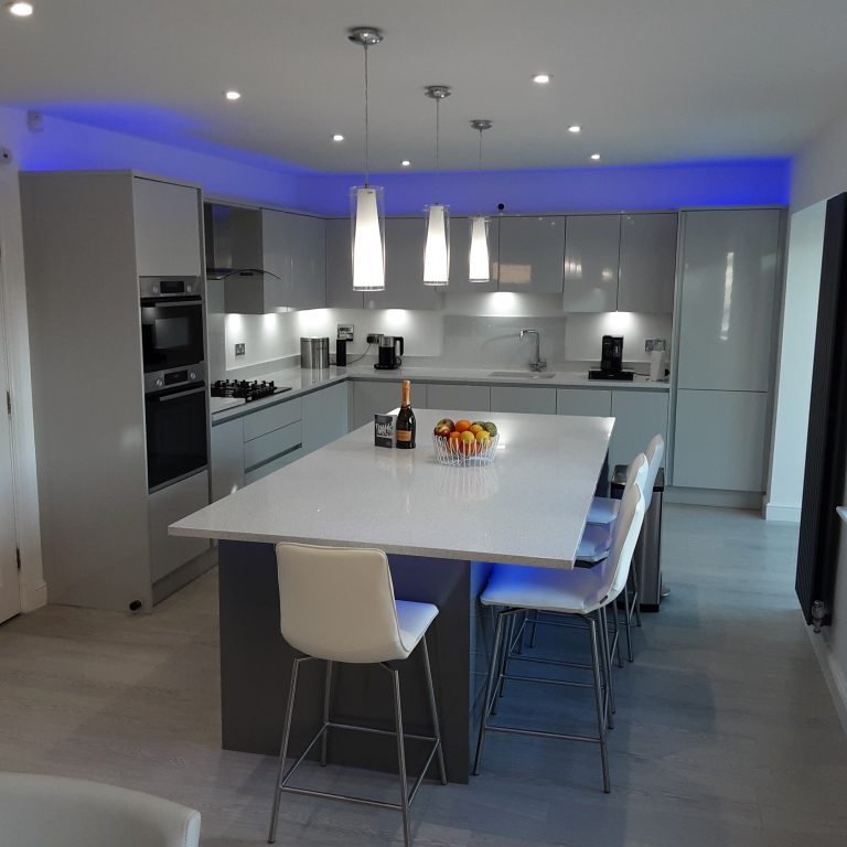 Handleless Light and Dust Grey Zara Gloss kitchen made by The Kitchen Depot 1