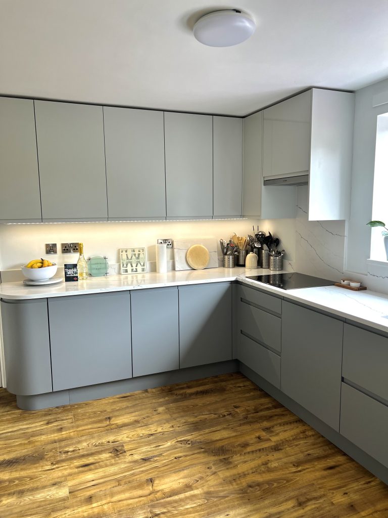 Sienna Matte modern J-handle kitchen in Light Grey & Dust Grey made by The Kitchen Depot 2