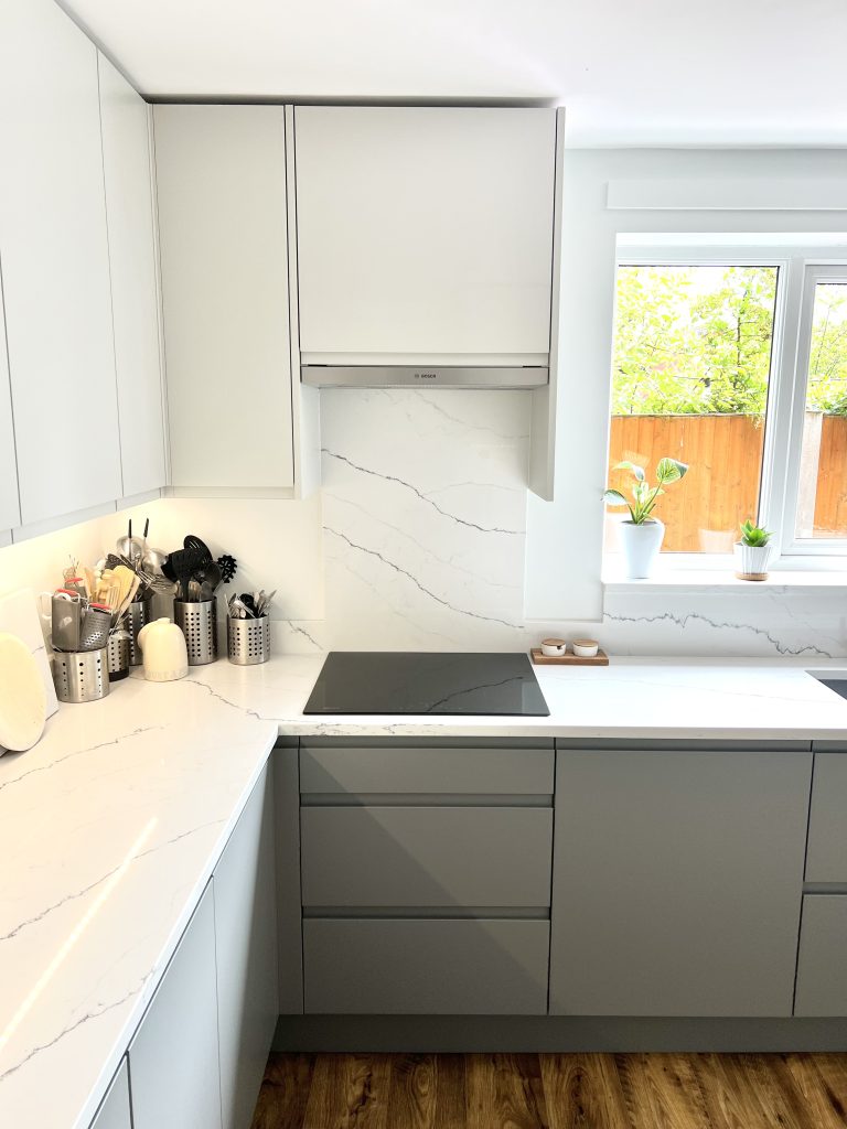 Sienna Matte modern J-handle kitchen in Light Grey & Dust Grey made by The Kitchen Depot 1