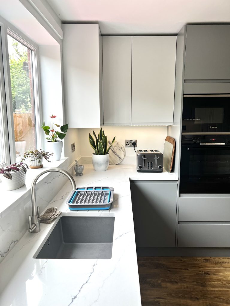 Sienna Matte modern J-handle kitchen in Light Grey & Dust Grey made by The Kitchen Depot 4
