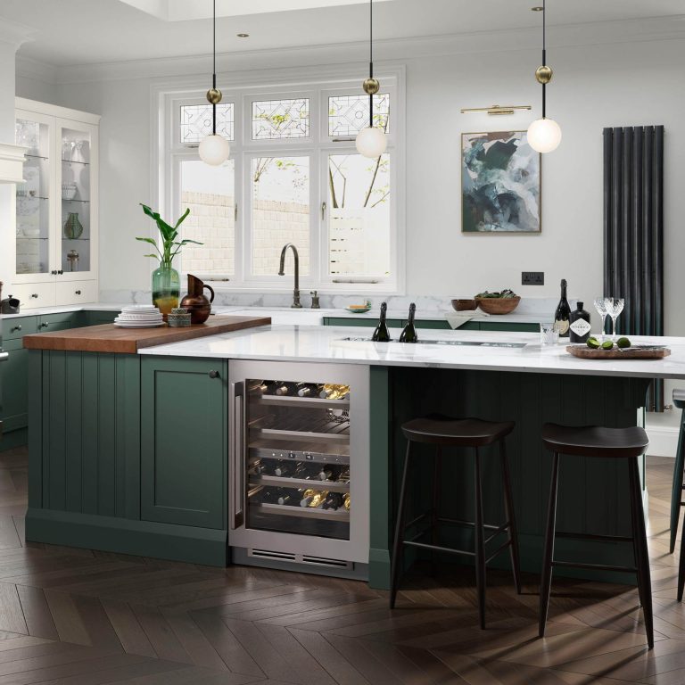 Clara Heritage Green & Porcelain kitchen with a wine fridge