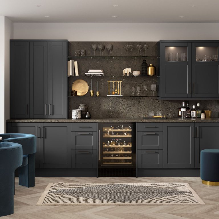 Darwin shaker kitchen in graphite with a wine fridge