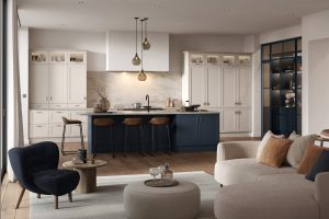 Ashton shaker kitchen door is shown in slate blue and shell