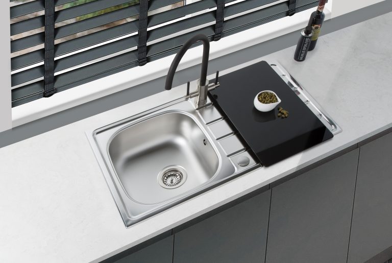 Lavéllo sink and tap collection steel sink with black tap and chopping board