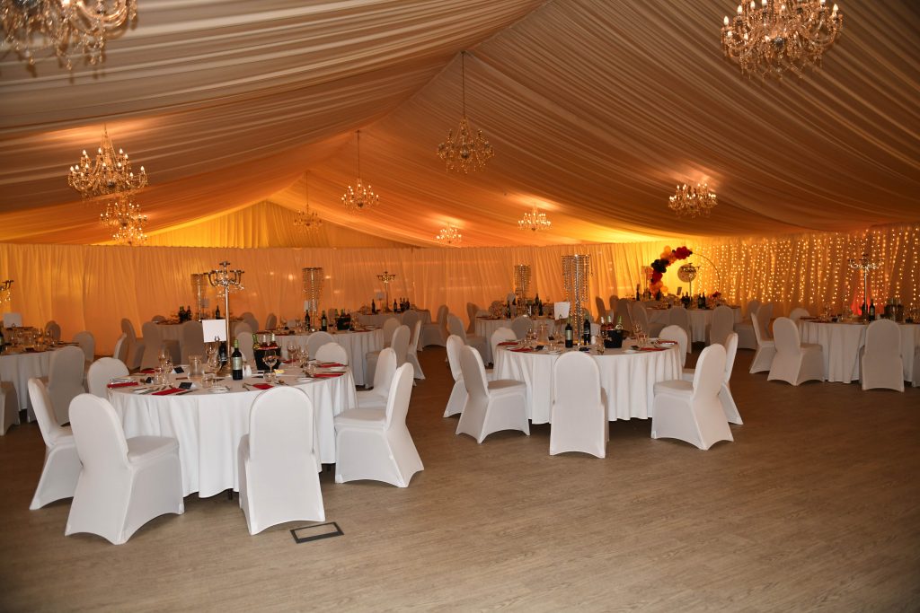 Tables set up for The Kitchen Depots 20th Anniversary Celebration at Ingliston Country Club & Hotel