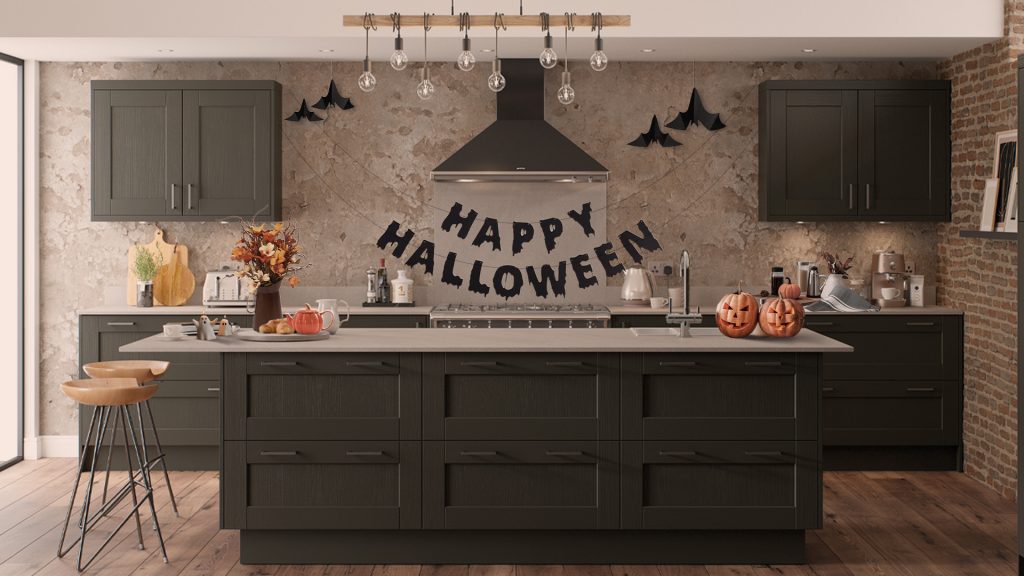 Kendal Graphite Kitchen by The Kitchen Depot decorated for Halloween with bats, pumpkins and a Happy Halloween sign