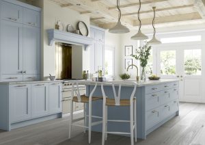 Georgina Pantry Shaker Kitchen Design by The Kitchen Depot with island and wooden roof with chairs and hanging lights