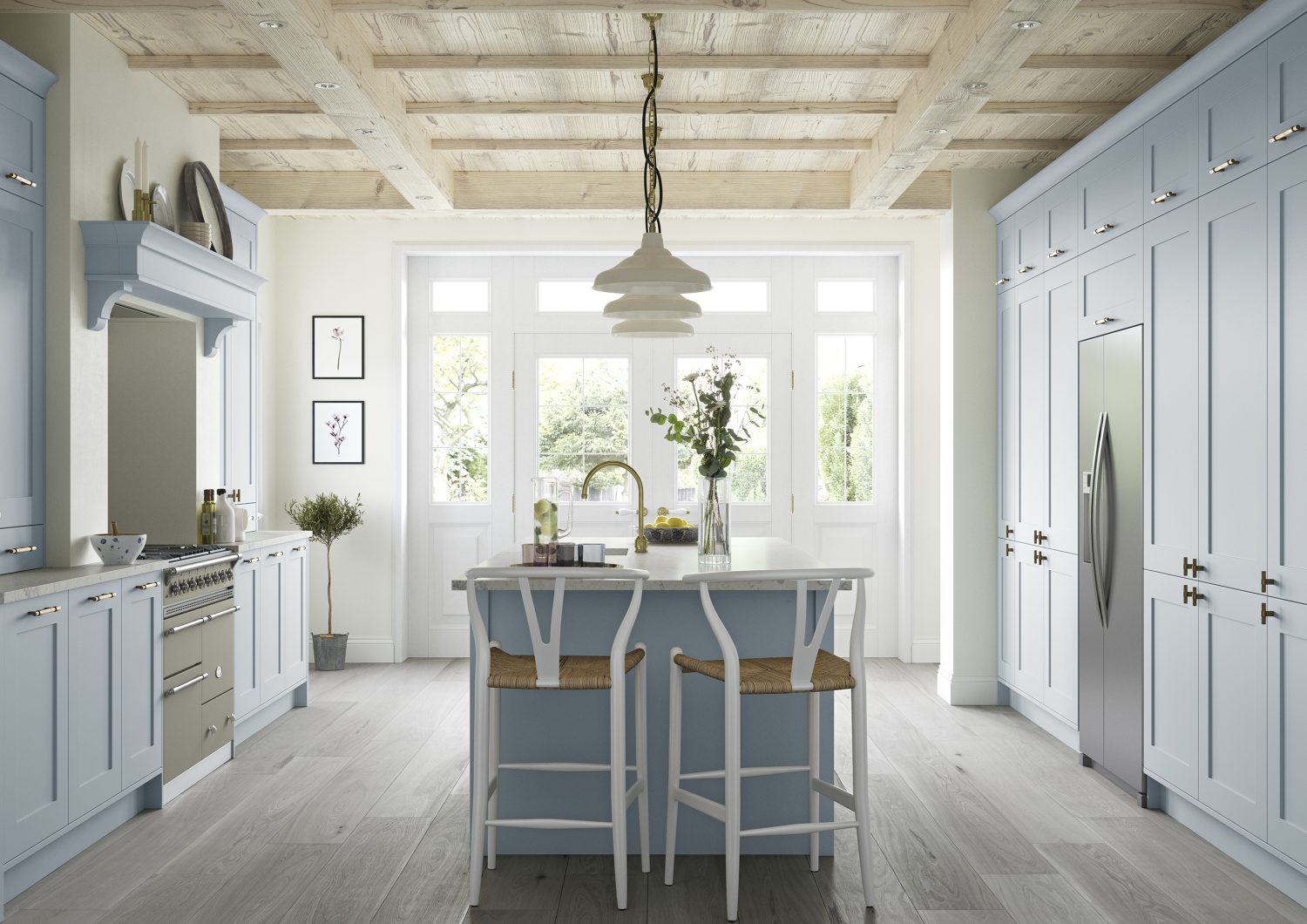 Georgina Pantry Shaker Kitchen Design by The Kitchen Depot with island and wooden roof featuring floor to ceiling cabinets