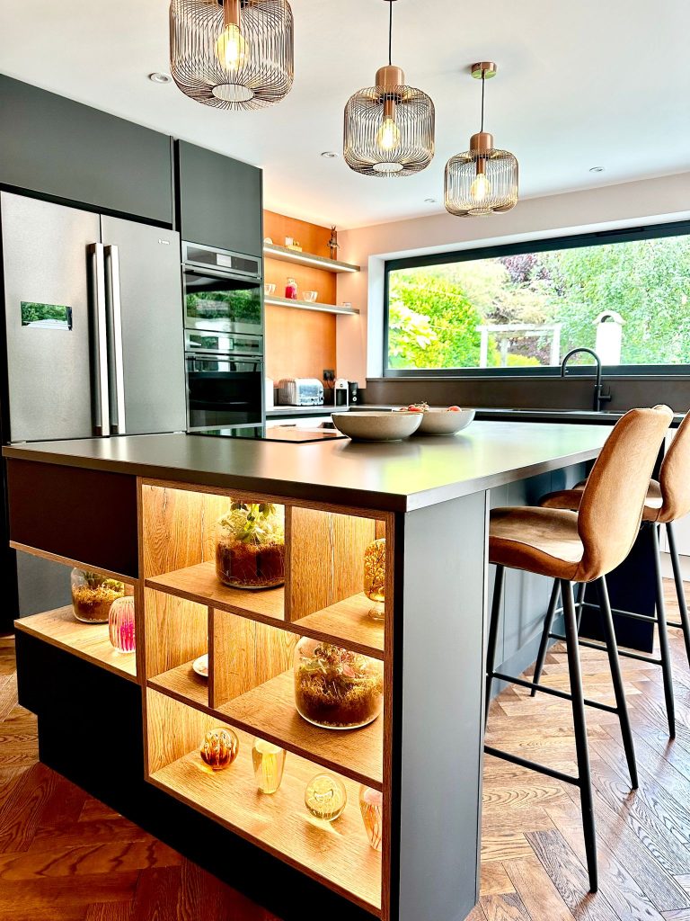 LINEA Matte Black & Cashmere Gloss Kitchen with open shelving