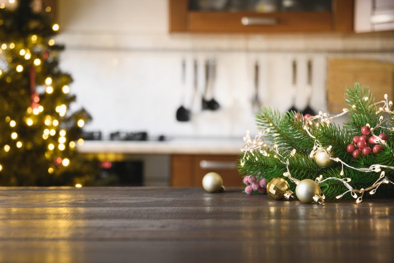 A Christmas Kitchen with tree in the background