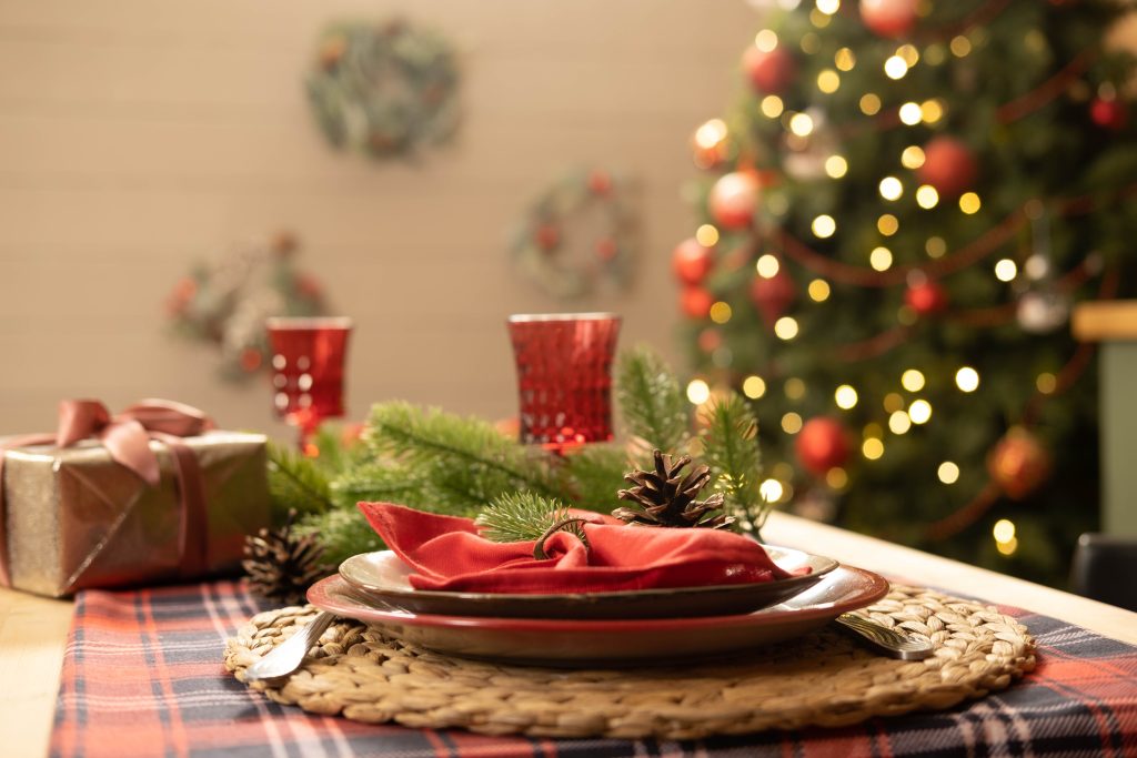 Christmas Kitchen Crockery with tree in the background